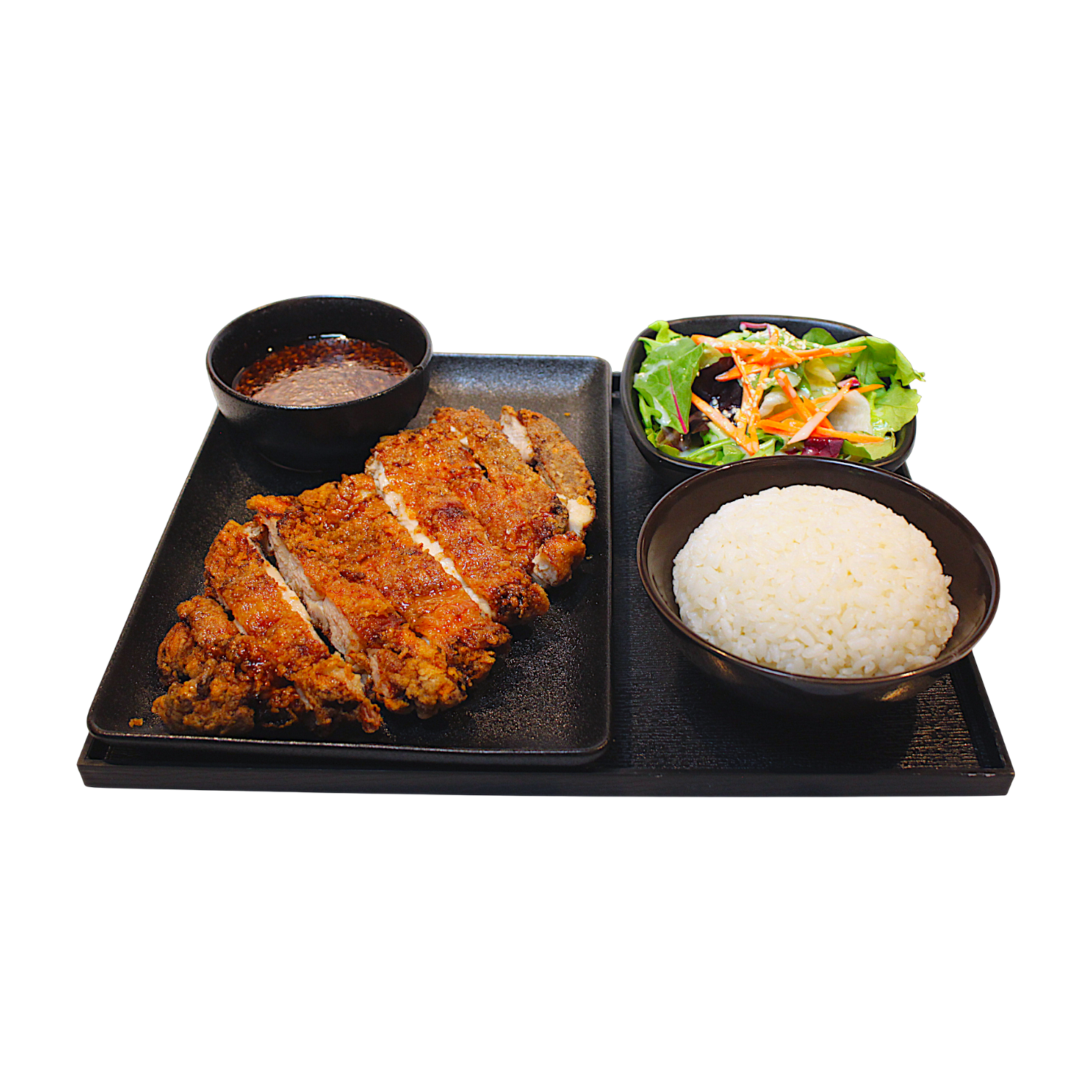 Chiki-Teri - Panierte Hähnchenkeule mit Salat, Sauce und Reis